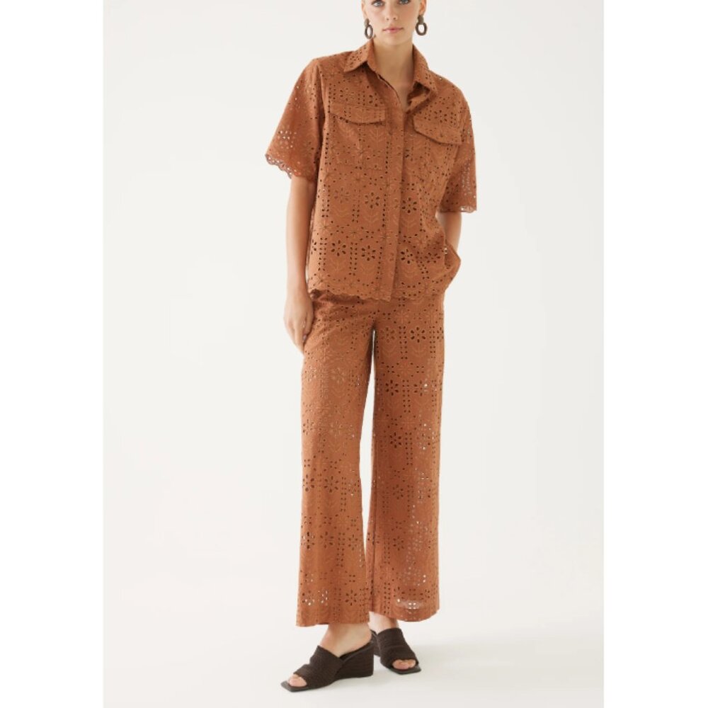 Exquise Women's Brown Guipure Chloe Shirt & Tilda Wide Leg Trousers Set Size 2